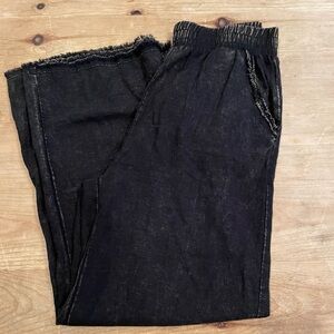 Zenana Outfitters Linen fringed hem pockets Wide Leg Pants Boho Lagum Flowy SM